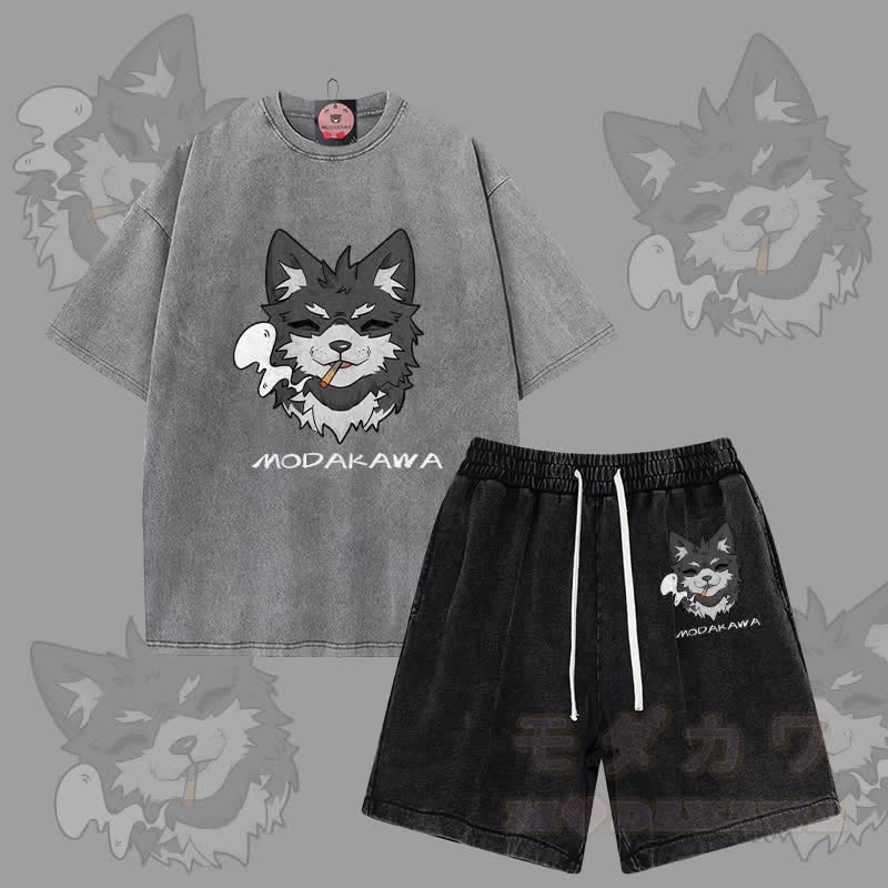 MODAKAWA Smoking Puppy Grafik Vintage Washed T-Shirt Shorts Zweiteiliges Set - Grau & Schwarz - 3XL - image 2