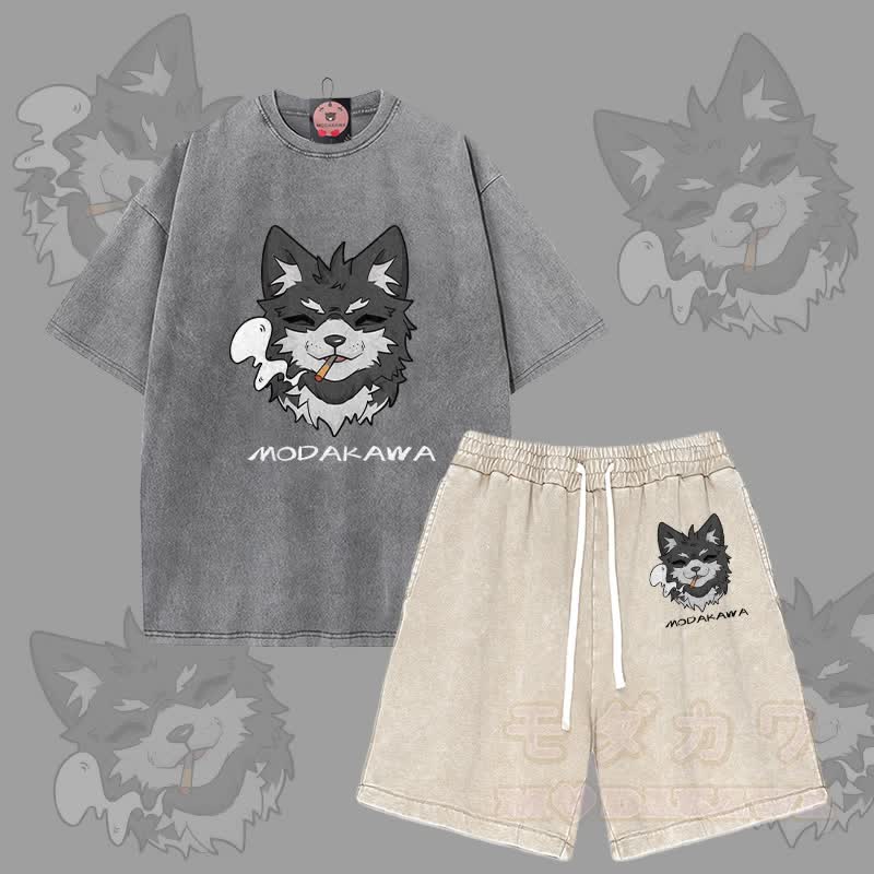MODAKAWA Smoking Puppy Grafik Vintage Washed T-Shirt Shorts Zweiteiliges Set - Grau & Aprikose - 3XL - image 1