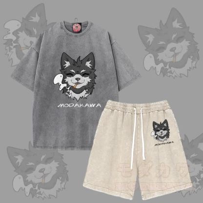 MODAKAWA Smoking Puppy Grafik Vintage Washed T-Shirt Shorts Zweiteiliges Set - Grau & Aprikose - 3XL - image 1