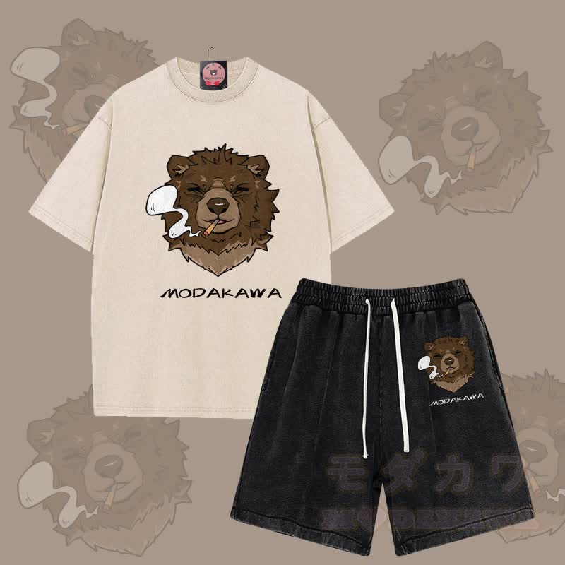 MODAKAWA Smoking Bear Grafik Vintage Washed T-Shirt Shorts Zweiteiliges Set - Aprikose & Schwarz - 3XL - image 2