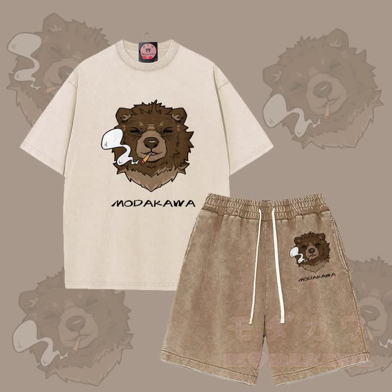 MODAKAWA Smoking Bear Grafik Vintage Washed T-Shirt Shorts Zweiteiliges Set - Aprikose & Braun - 3XL - image 1