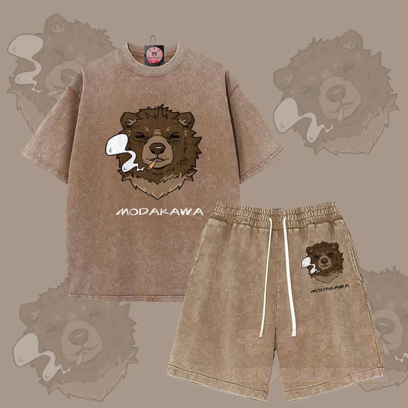 MODAKAWA Smoking Bear Grafik Vintage Washed T-Shirt Shorts Zweiteiliges Set - Braun - 3XL - image 9
