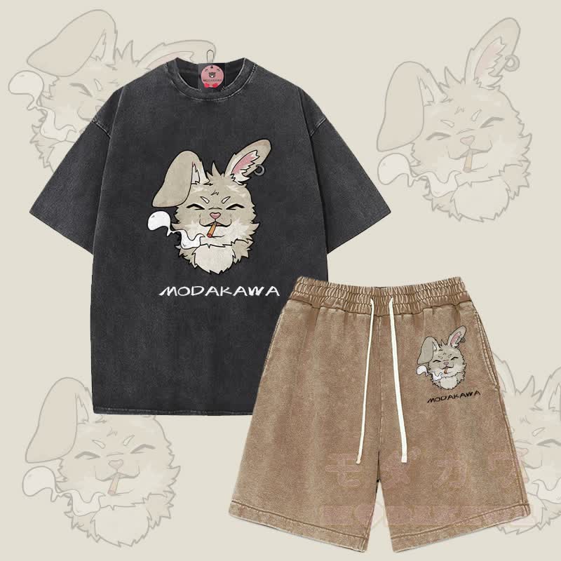 MODAKAWA Smoking Bunny Grafik Vintage Washed T-Shirt Shorts Zweiteiliges Set - Schwarz & Braun - 3XL - image 2