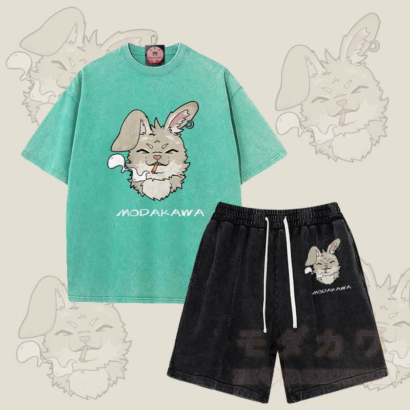 MODAKAWA Smoking Bunny Grafik Vintage Washed T-Shirt Shorts Zweiteiliges Set - Grün & Schwarz - 3XL - image 1