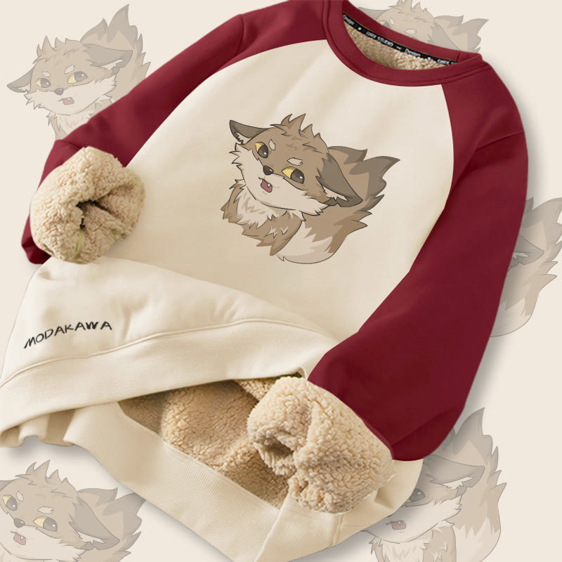 MODAKAWA Sweatshirt mit grauem Fuchs-Motiv und Fleece-Futter - Wine Red&Apricot - 2XL - image 1