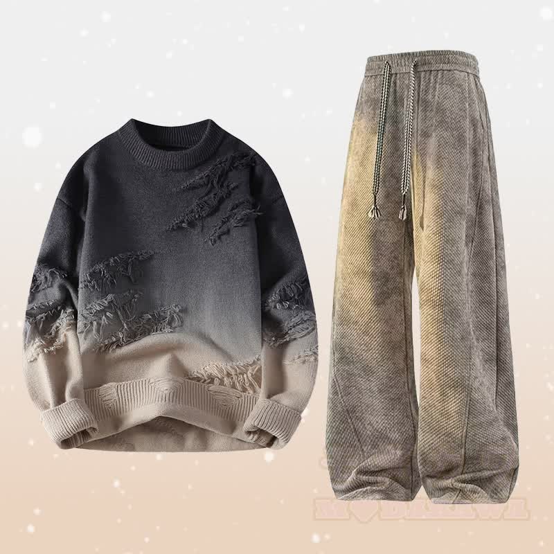 Zweiteiliger Strickpullover mit Farbverlauf und Rissen, dazu eine fleecegefütterte Hose - Satz B - 4XL - image 2