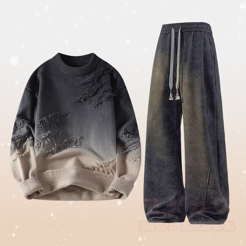 Zweiteiliger Strickpullover mit Farbverlauf und Rissen, dazu eine fleecegefütterte Hose - Satz A - 4XL - image 1