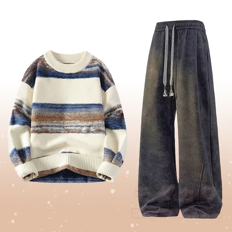 Zweiteiliges Set: Gestreifter Strickpullover und fleecegefütterte Hose - Satz B - 4XL - image 2