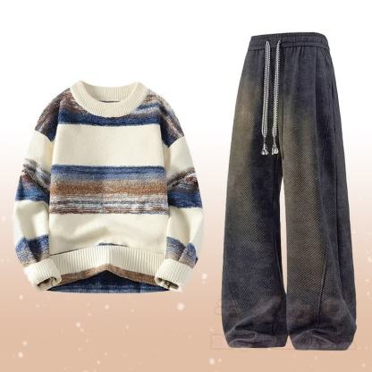 Zweiteiliges Set: Gestreifter Strickpullover und fleecegefütterte Hose - Satz B - 4XL - image 2