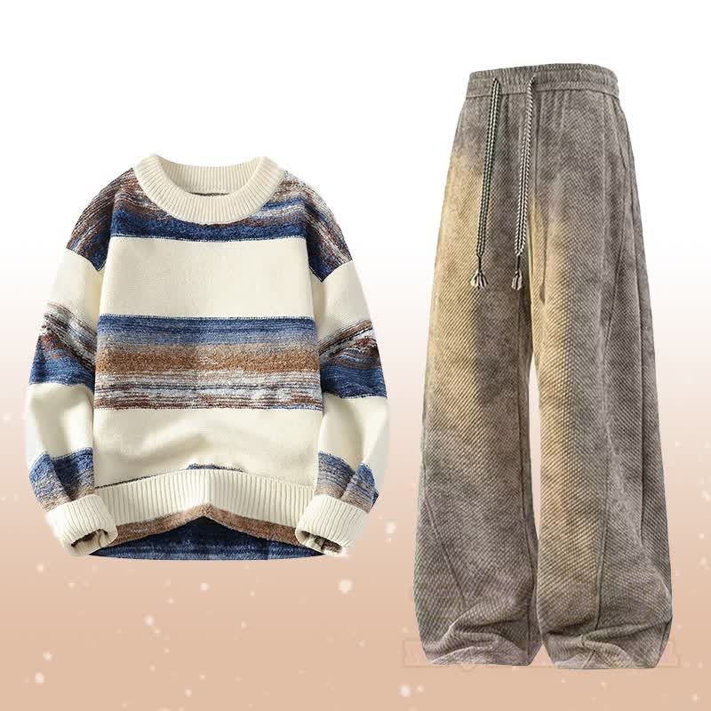 Zweiteiliges Set: Gestreifter Strickpullover und fleecegefütterte Hose - Satz A - 4XL - image 1