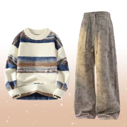Zweiteiliges Set: Gestreifter Strickpullover und fleecegefütterte Hose - Satz A - 4XL - image 1
