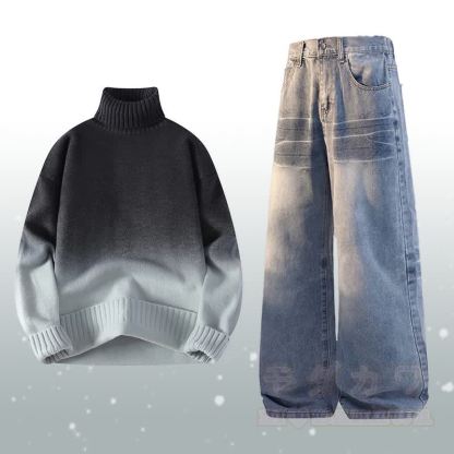 Zweiteiler: Strickpullover mit Farbverlauf und Rollkragen, Jeans - Satz B - 3XL - image 2
