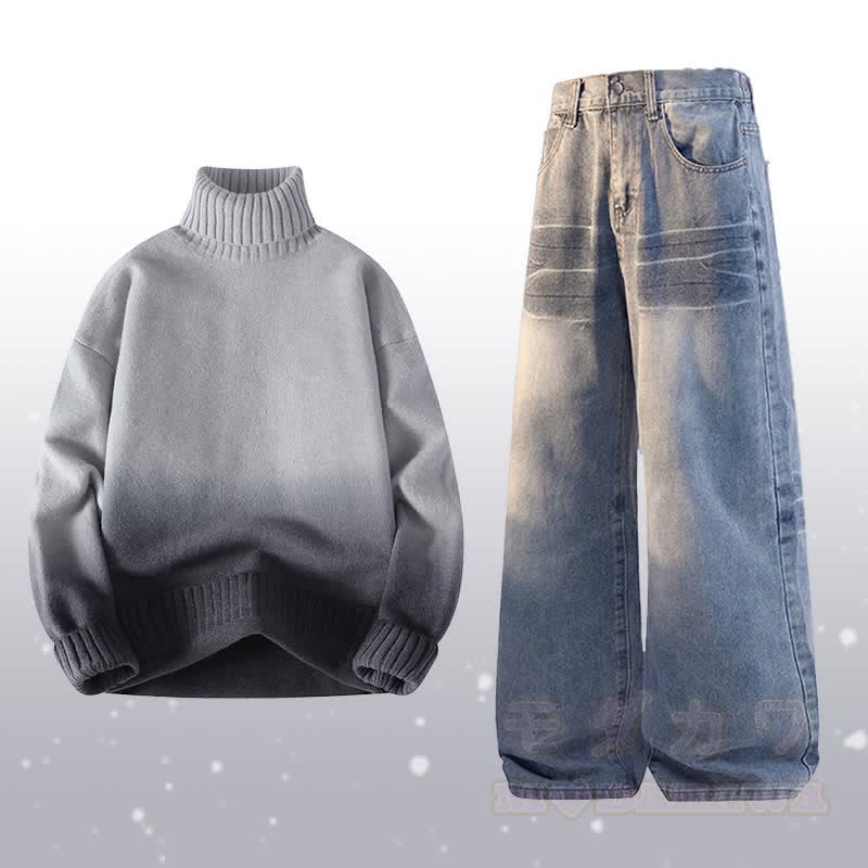 Zweiteiler: Strickpullover mit Farbverlauf und Rollkragen, Jeans - Satz A - 3XL - image 1