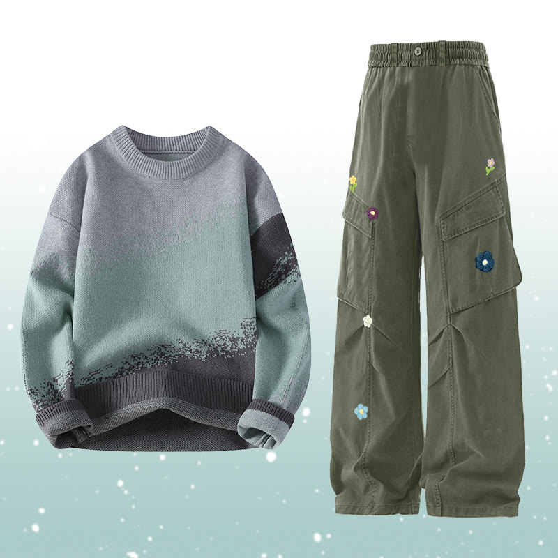 Zweiteiler: Strickpullover mit Farbverlauf, Cargohose mit Blumenmuster - Set A - 2XL - image 1