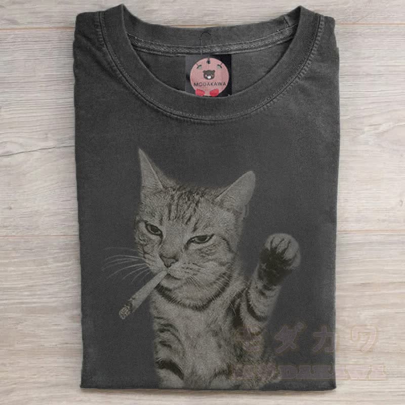 MODAKAWA Smoking Cat Grafik Unisex Vintage Washed T-Shirt - Schwarz - 5XL - image 1