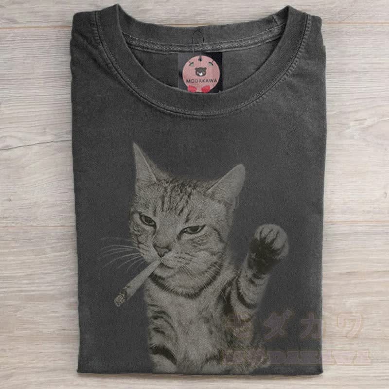 MODAKAWA Smoking Cat Grafik Unisex Vintage Washed T-Shirt - Schwarz - 5XL - image 1