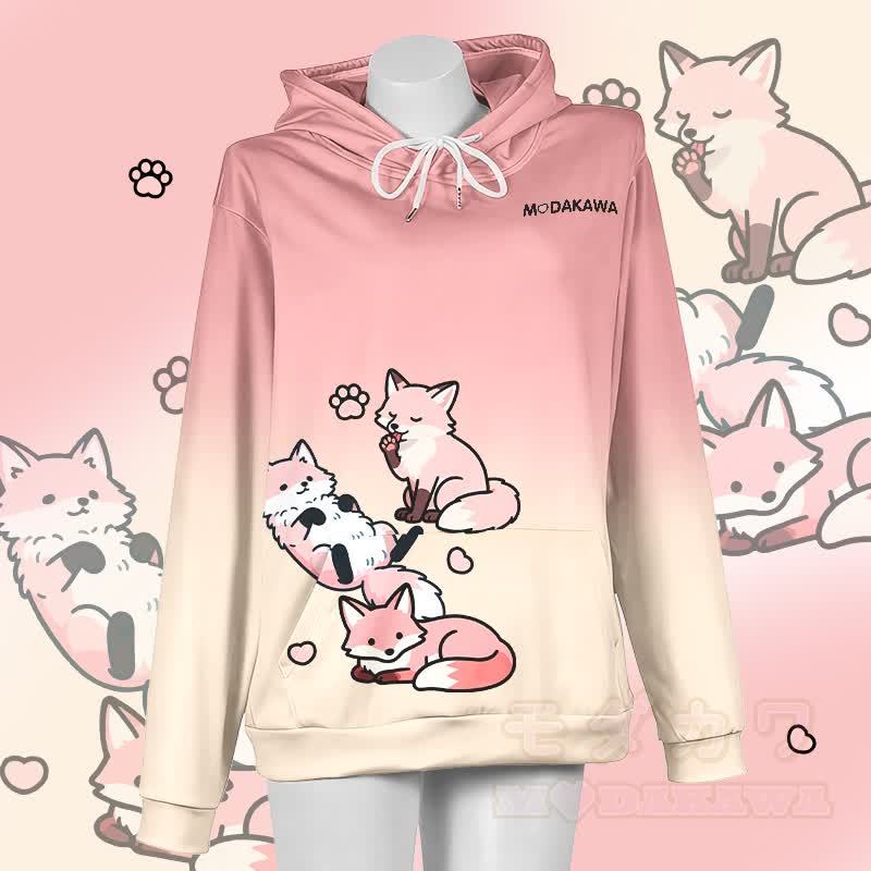 MODAKAWA Gradient Lazy Fox Graphic Pullover Hoodie - Rosa & Gelb - 5XL - image 2