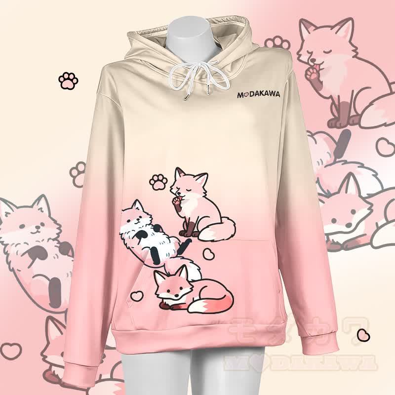 MODAKAWA Gradient Lazy Fox Graphic Pullover Hoodie - Gelb & Rosa - 5XL - image 1