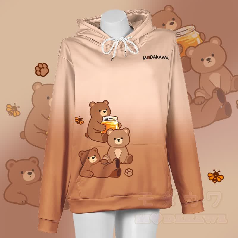 MODAKAWA Farbverlauf-Honigbär-Grafik-Pullover-Hoodie - Weiß & Braun - 5XL - image 2