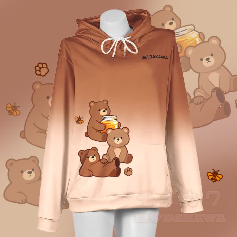 MODAKAWA Farbverlauf-Honigbär-Grafik-Pullover-Hoodie - Braun & Weiß - 5XL - image 1