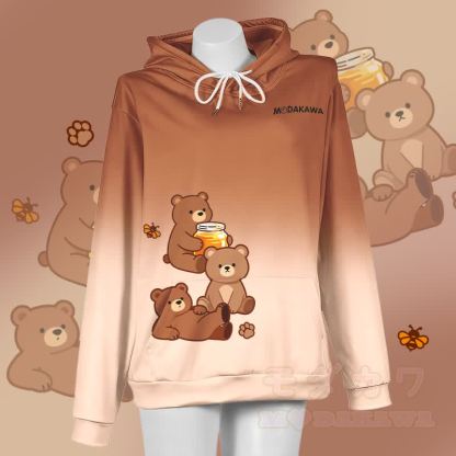 MODAKAWA Farbverlauf-Honigbär-Grafik-Pullover-Hoodie - Braun & Weiß - 5XL - image 1