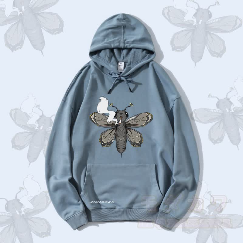 MODAKAWA Smoking Moth Grafik Streetwear Pullover Hoodie - Staubiges Blau - 5XL - image 1