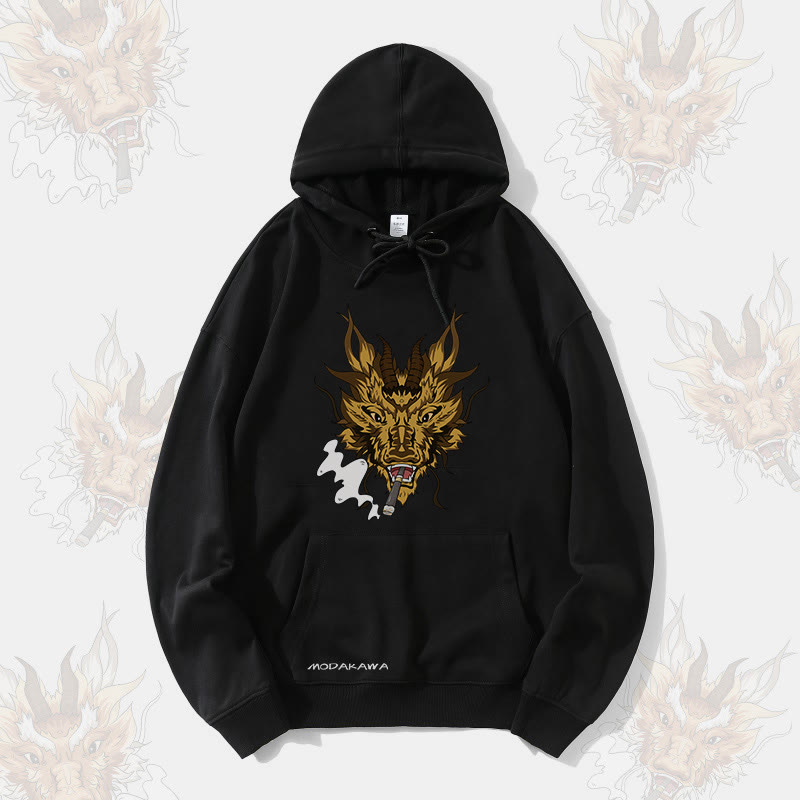 MODAKAWA Smoking Dragon Grafik Streetwear Pullover Hoodie - Black - 5XL - image 1