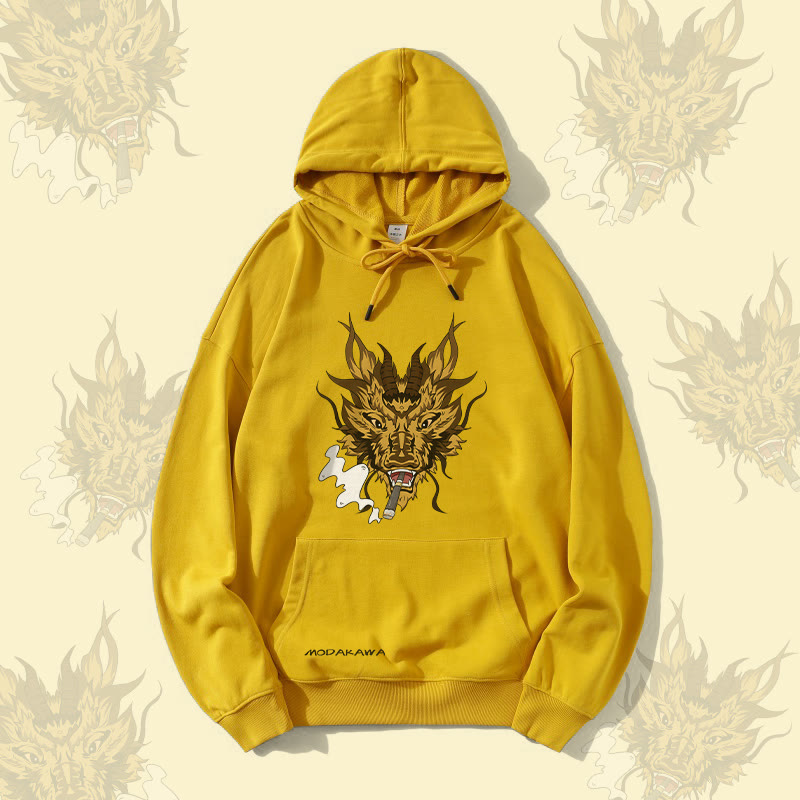 MODAKAWA Smoking Dragon Grafik Streetwear Pullover Hoodie - Yellow - 5XL - image 2
