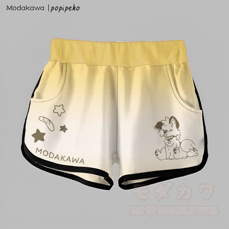 MODAKAWA X popipeko Gradient Tongue-Out Puppy Graphic Shorts - Gelb & Weiß - 5XL - image 2
