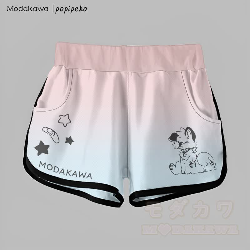 MODAKAWA X popipeko Gradient Tongue-Out Puppy Graphic Shorts - Rosa & Blau - 5XL - image 3