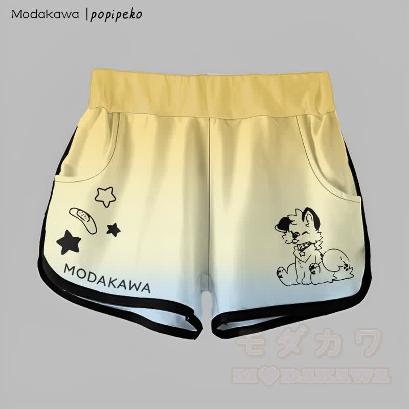 MODAKAWA X popipeko Gradient Tongue-Out Puppy Graphic Shorts - Gelb & Blau - 5XL - image 1