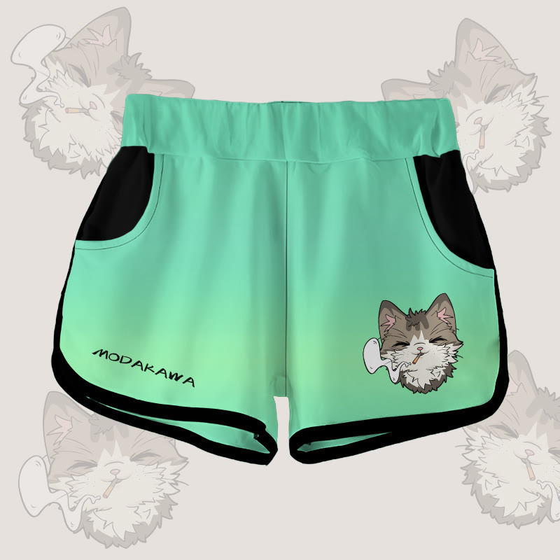 MODAKAWA Shorts mit Farbverlauf und rauchender Katze Grafik - Green - 5XL - image 1