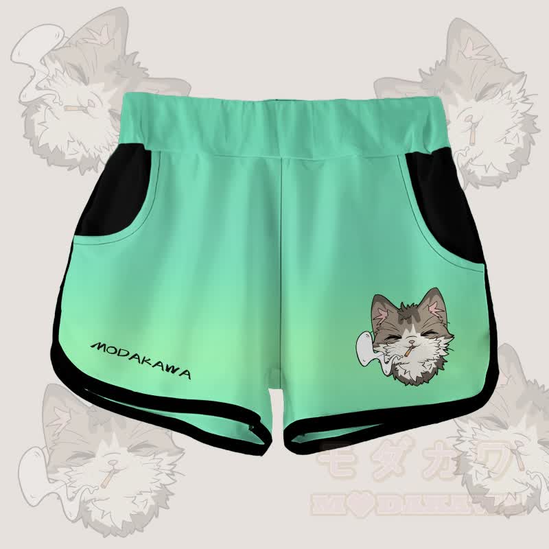 MODAKAWA Shorts mit Farbverlauf und rauchender Katze Grafik - Grün - 5XL - image 1