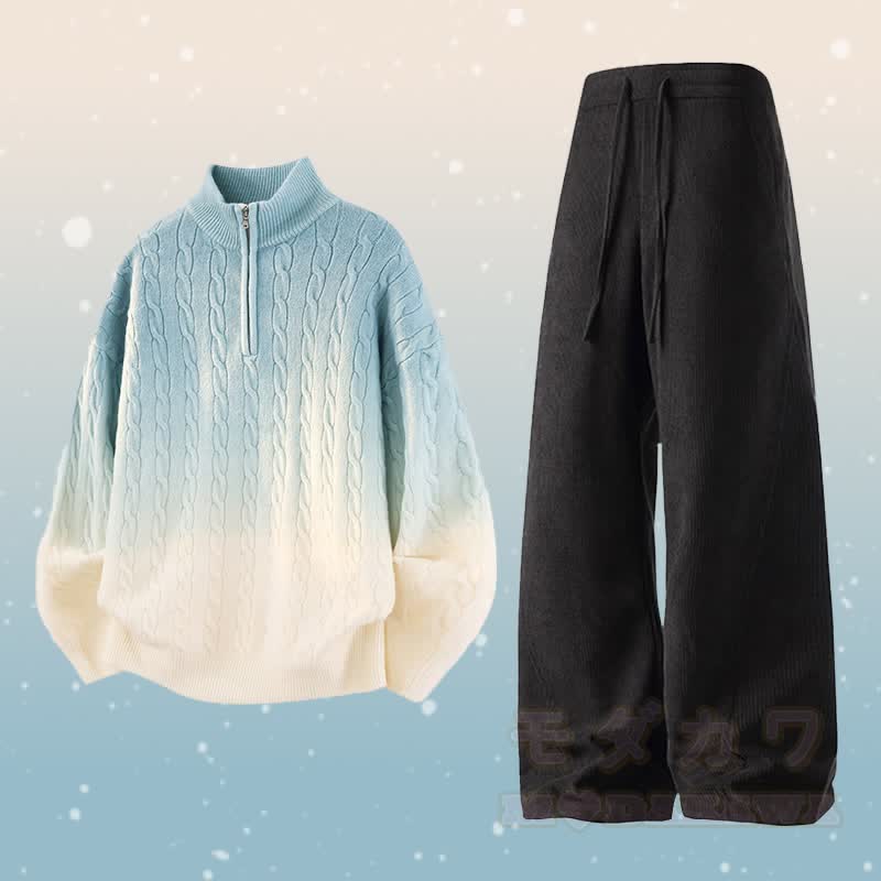 Zweiteiler: Strickpullover mit Farbverlauf und halbem Reißverschluss, Cordhose - Satz B - 3XL - image 2