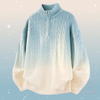 Zweiteiler: Strickpullover mit Farbverlauf und halbem Reißverschluss, Cordhose - Blauer Pullover - 3XL - image 5