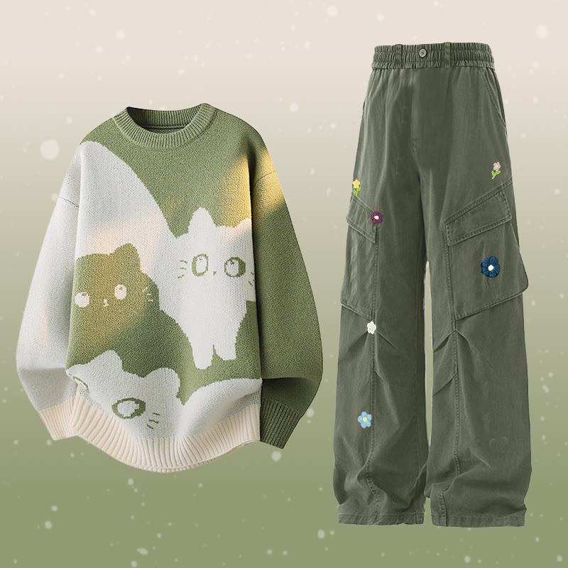 Zweiteiler mit Katzenmotiv, Strickpullover und Blumen-Cargohose - Set A - 2XL - image 1
