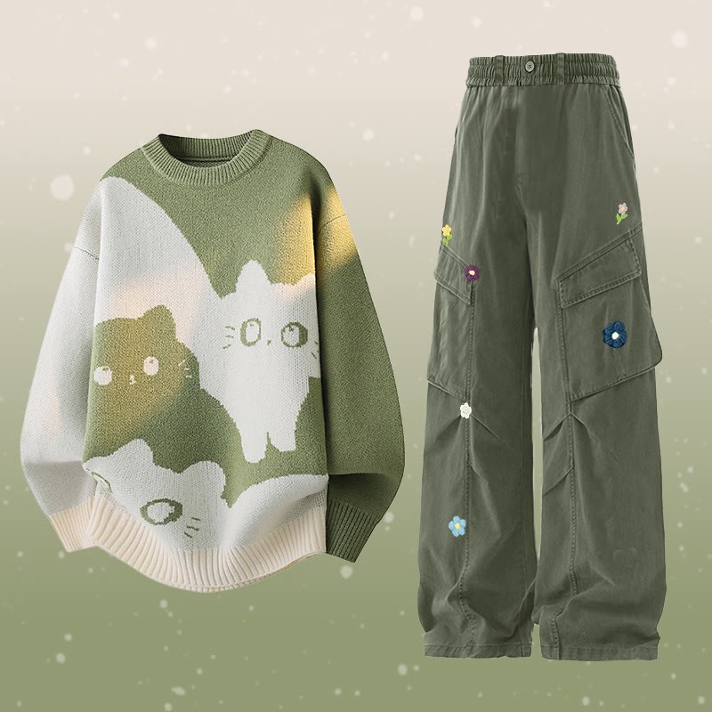 Zweiteiler mit Katzenmotiv, Strickpullover und Blumen-Cargohose - Set A - 2XL - image 1