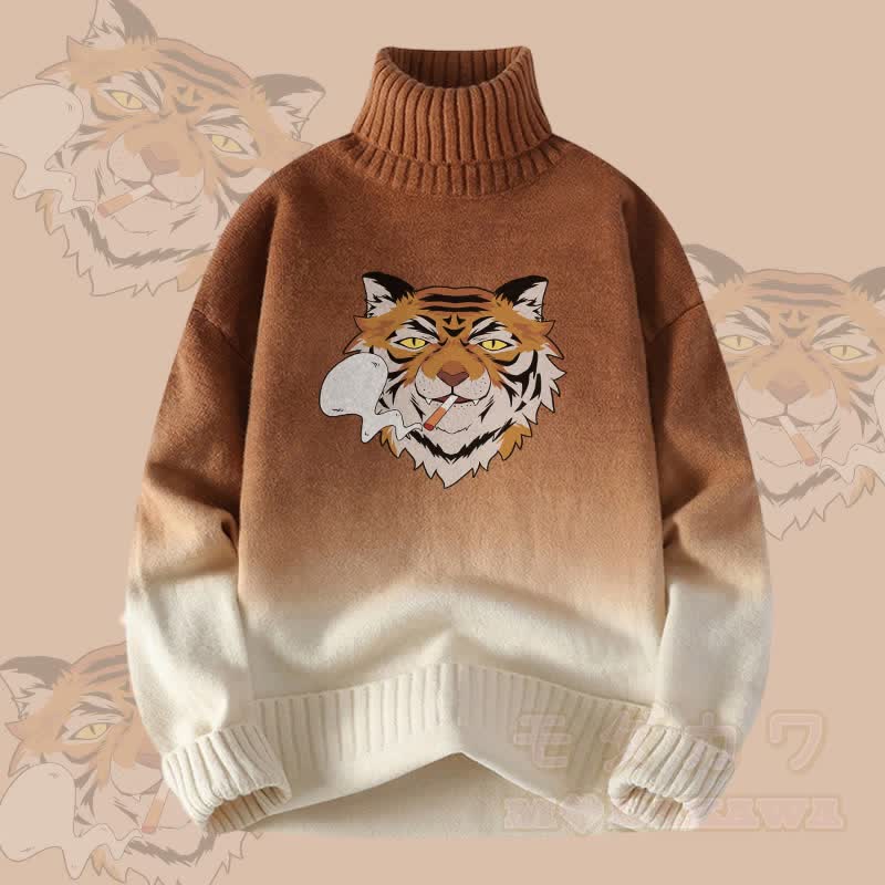 MODAKAWA Smoking Tiger Gradient Strick-Rollkragenpullover - Khaki - 4XL - image 2