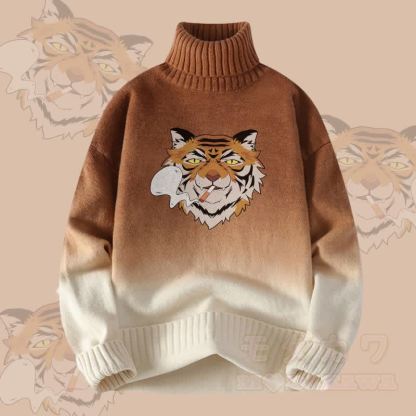 MODAKAWA Smoking Tiger Gradient Strick-Rollkragenpullover - Khaki - 4XL - image 2