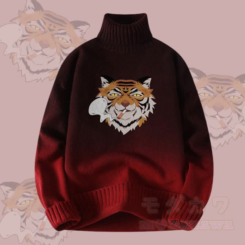 MODAKAWA Smoking Tiger Gradient Strick-Rollkragenpullover - Weinrot - 4XL - image 1