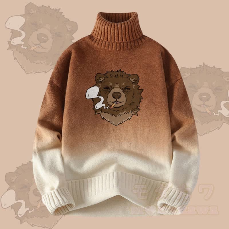 MODAKAWA Smoking Bear Farbverlauf-Strick-Rollkragenpullover - Khaki - 4XL - image 1