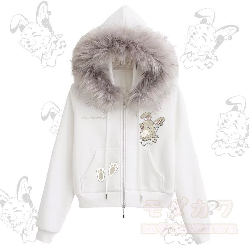 MODAKAWA Fröhlicher Kapuzenpullover mit Nabi-Hasen-Motiv, Fleece-Futter und Kunstpelzbesatz, Reißverschluss. - Weiß - L - image 2
