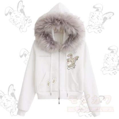 MODAKAWA Fröhlicher Kapuzenpullover mit Nabi-Hasen-Motiv, Fleece-Futter und Kunstpelzbesatz, Reißverschluss. - Weiß - L - image 2