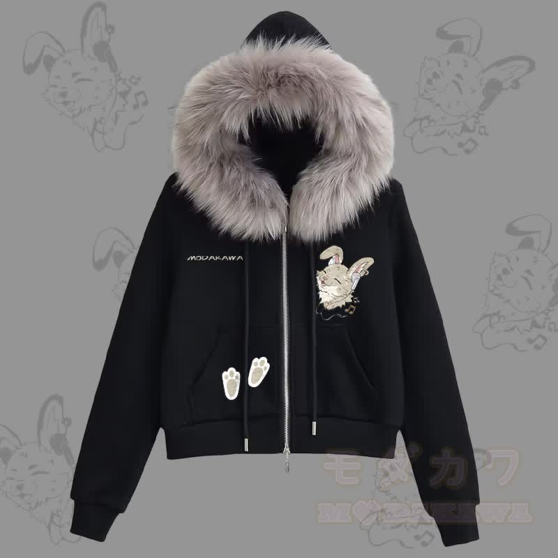 MODAKAWA Fröhlicher Kapuzenpullover mit Nabi-Hasen-Motiv, Fleece-Futter und Kunstpelzbesatz, Reißverschluss. - Schwarz - L - image 1
