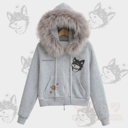 MODAKAWA Kapuzenpullover mit verspieltem Koda-Welpenmotiv, Fleecefutter und Kunstpelzbesatz, Reißverschluss. - Grau - L - image 1