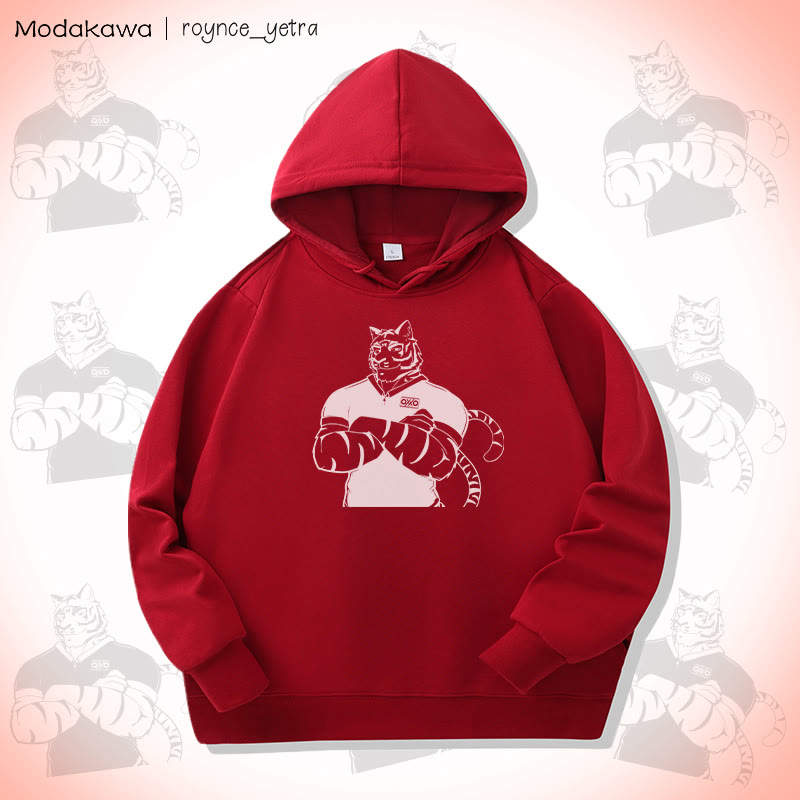 MODAKAWA X roynce_yetra Confident Tiger Graphic Baumwoll-Hoodie mit Seitentaschen - Red - 4XL - image 1