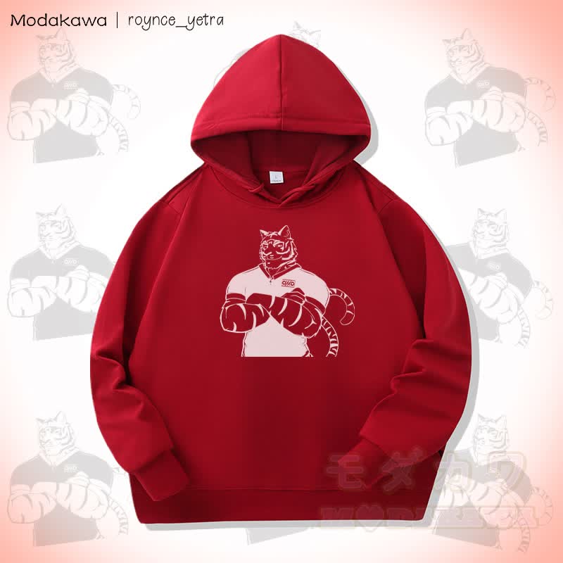 MODAKAWA X roynce_yetra Confident Tiger Graphic Baumwoll-Hoodie mit Seitentaschen - Rot - 5XL - image 1