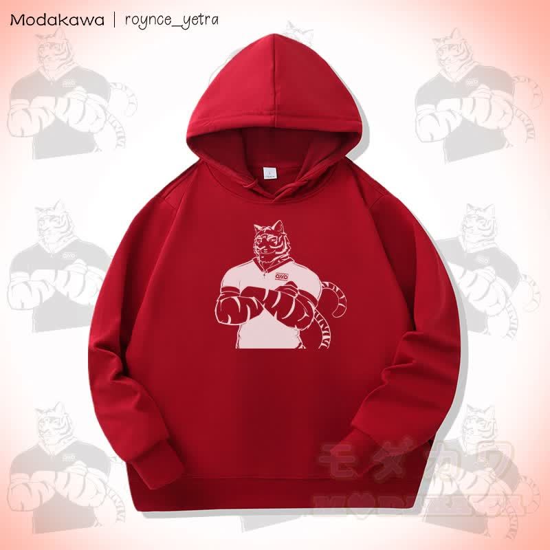 MODAKAWA X roynce_yetra Confident Tiger Graphic Baumwoll-Hoodie mit Seitentaschen - Rot - 5XL - image 1
