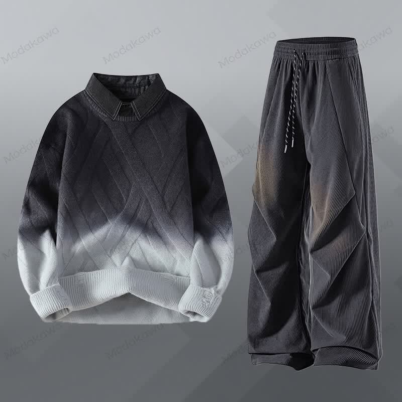 Zweiteiliger Pullover in Strickoptik mit Lagenlook und Cordhose - Satz C - 3XL - image 3