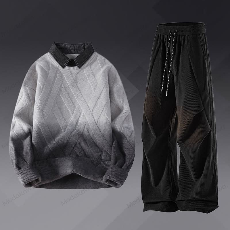 Zweiteiliger Pullover in Strickoptik mit Lagenlook und Cordhose - Satz B - 3XL - image 2